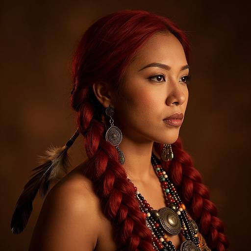 Photograph of a young woman with red braids, wearing intricate black and red beaded necklace and feathered earrings, against a dark brown background.