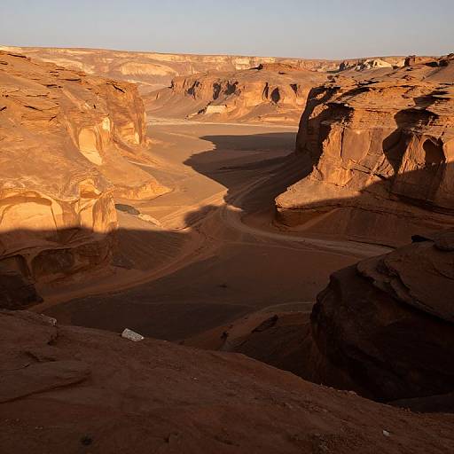 Photograph of a sunlit, rugged desert canyon with golden and brown rock formations, a winding dark path, and a small white object on the left