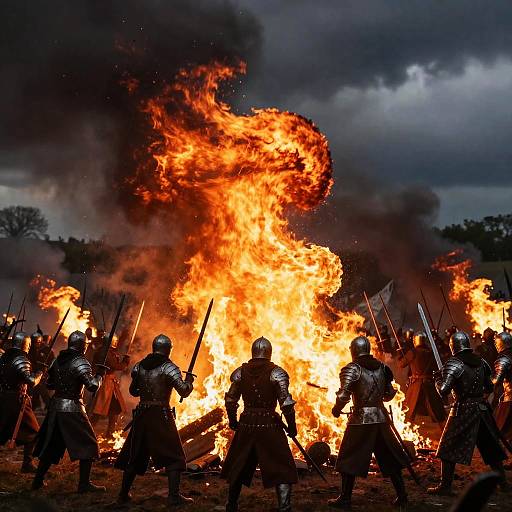 Fiery Night Battle on Medieval Battlefield