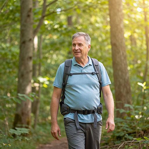 Photograph of middle-aged man with short gray hair, light blue polo shirt, gray pants, and backpack, smiling in sunlit forest.