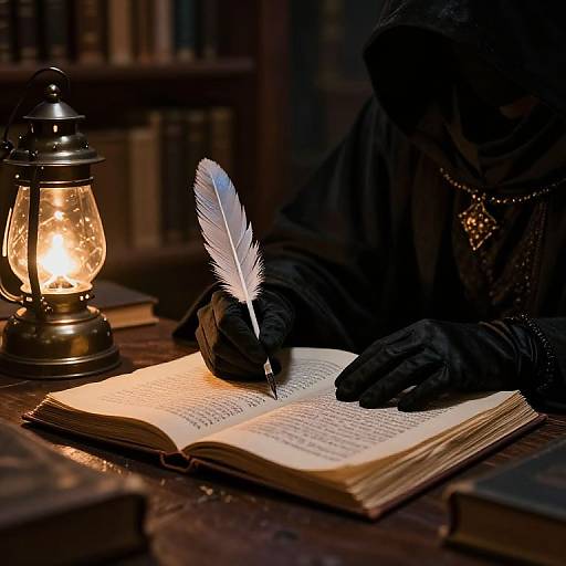 Photograph of a mysterious figure in black attire, gloved hands holding a white feather quill, writing in an open book, illuminated by a glowing