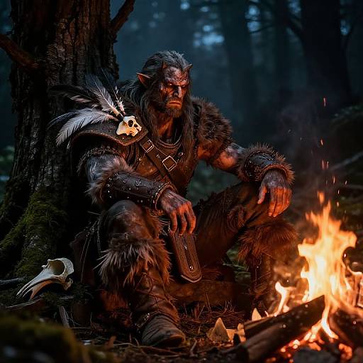 Photorealistic fantasy artwork: Muscular orc warrior with gray skin, pointed ears, dark fur armor, and skull shoulder pad, crouches by
