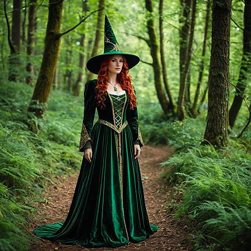 Redheaded Woman in Green Velvet Witch Costume