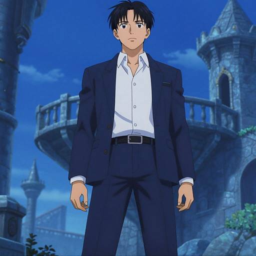 Anime-style drawing of a serious, black-haired man in a black suit and white shirt standing in front of a medieval castle. Blue sky background with stone