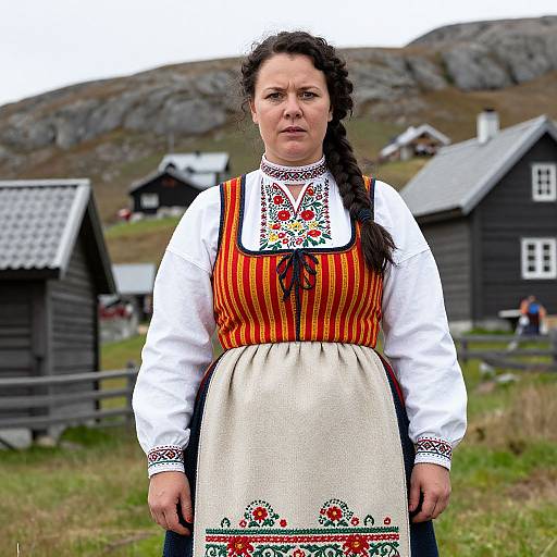 Photograph of a middle-aged woman with dark hair in a braid, wearing traditional Norwegian dress with red and yellow stripes, white blouse, and embroidered