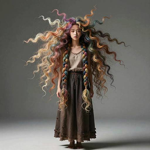 Photograph of a young woman with long, multicolored, wavy hair and a braided crown, wearing a black lace dress, standing against