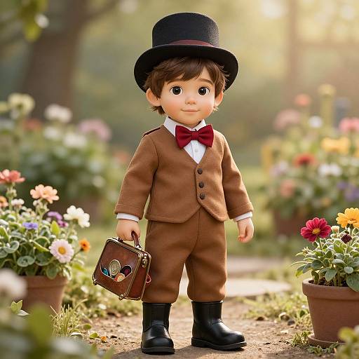 Photorealistic CGI of a cute toddler in a brown suit, red bowtie, black top hat, holding a butterfly-themed briefcase, standing in