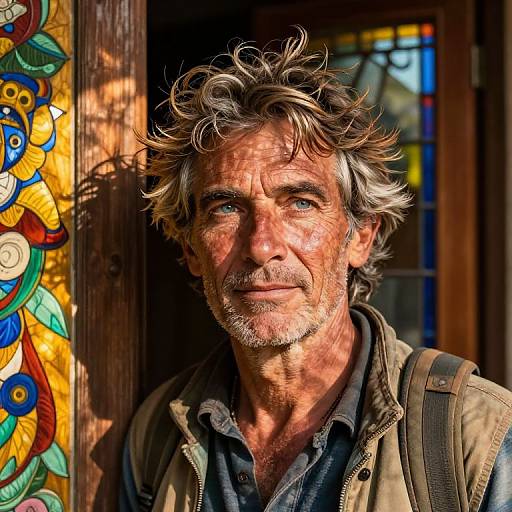 Photograph of a rugged, middle-aged man with messy gray-brown hair, blue eyes, and a slight beard, standing in front of colorful stained
