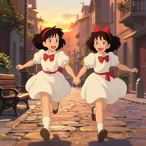 Anime-style digital drawing of two cheerful girls in white dresses with red bows, holding hands, running down a sunlit, cobblestone street.
