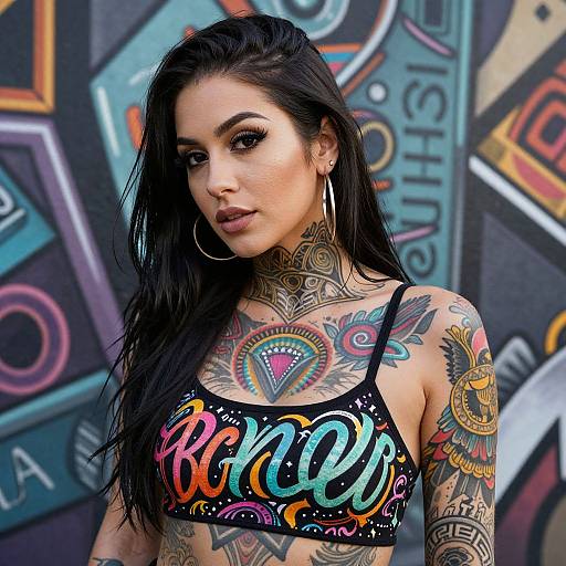 Photograph of a tattooed woman with long black hair, wearing a colorful 