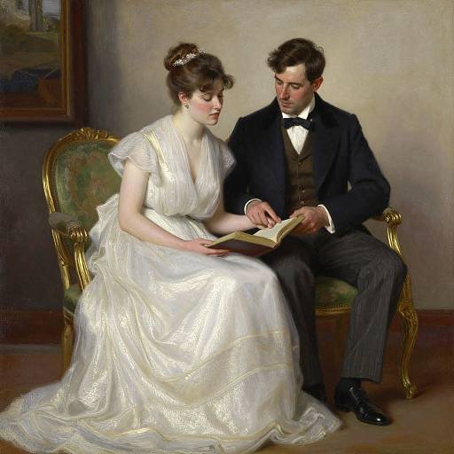 Oil painting of a Victorian couple; woman in white gown, man in black suit and bow tie, reading together on ornate chair.