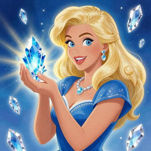 Digital illustration of a blonde woman with blue eyes, wearing a blue dress and matching jewelry, holding a glowing blue crystal, surrounded by floating crystals against a