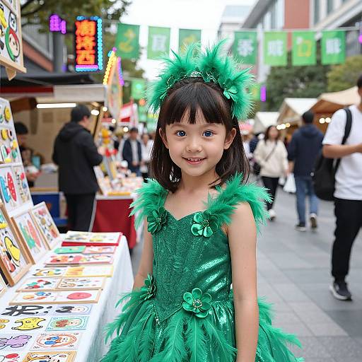 Photograph of a young Asian girl with black hair, wearing a green feathered dress and headpiece, smiling in a bustling street market with colorful stalls