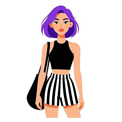 Digital illustration of a young woman with purple hair, wearing a black crop top and black-and-white striped skirt, carrying a black bag. Bold colors,