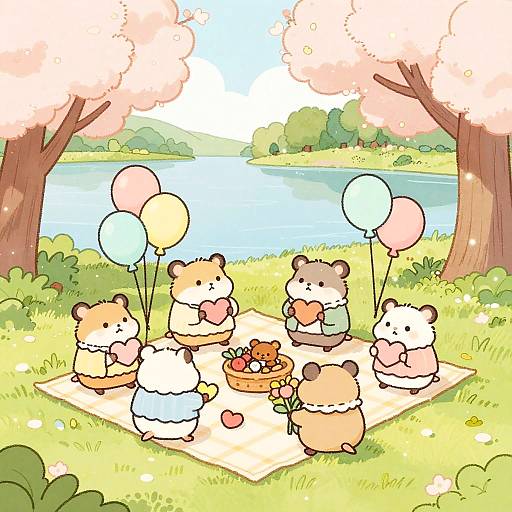 Pastel Hamster Picnic by the Lake
