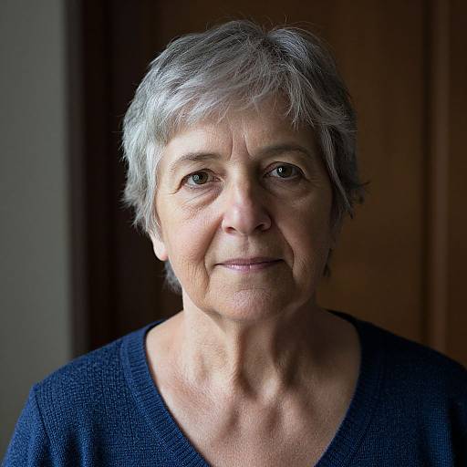 Photograph of an elderly woman with short gray hair, fair skin, and a gentle smile, wearing a dark blue sweater, against a softly lit wooden