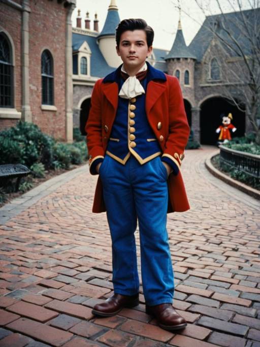 Boy in Gaston-Inspired Costume on Brick Walkway