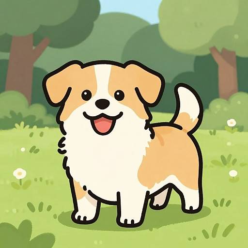 Cute digital cartoon of a happy, orange-and-white fluffy puppy with a wagging tail, standing in a sunny, green grassy field with trees