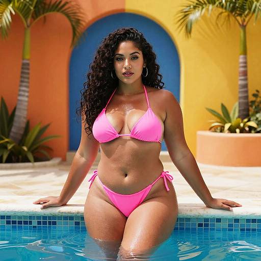 Photograph of a curvy, dark-haired woman with olive skin, wearing a bright pink bikini, standing in a pool against a colorful, tropical background