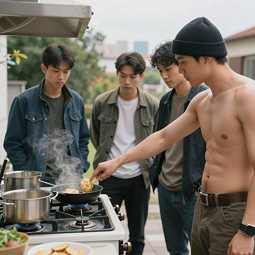 Shirtless Man Engaging with Friends Outdoors