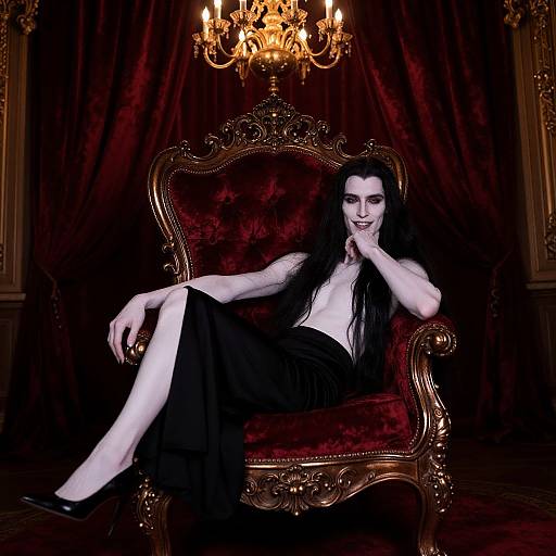 Gothic woman with pale skin, long black hair, and red lipstick sits on ornate red velvet chair, black dress, high heels, under