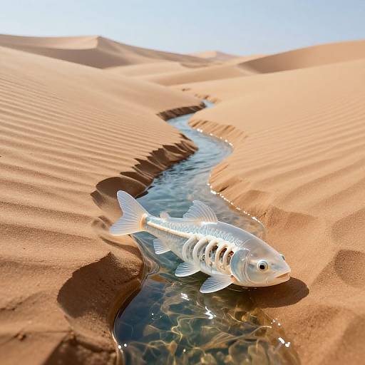 Photograph of a transparent fish with visible stripes swimming in a narrow, winding stream through rippled, golden desert sand dunes.