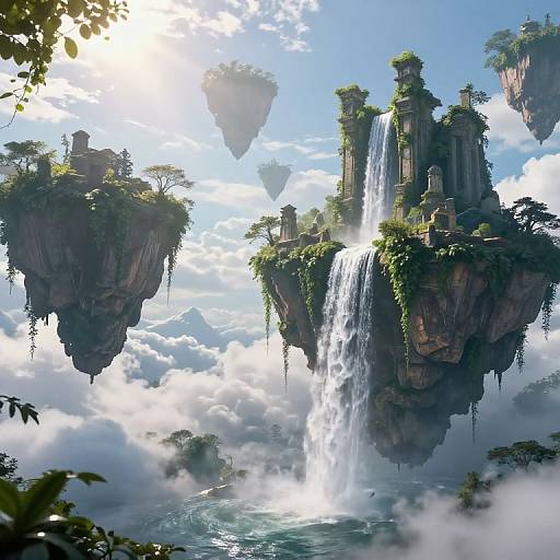 Digital painting of floating, lush, rocky islands with cascading waterfalls, surrounded by cloudy sky and sunlit, misty waters.