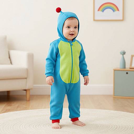 Photograph of a baby with light skin, wearing a blue and green hooded onesie with a red pom-pom, standing on a white rug