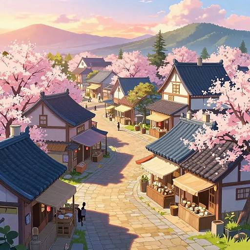 Anime-Style Peaceful Village at Sunset