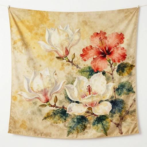 Botanical Tapestry with Magnolia and Hibiscus Flowers