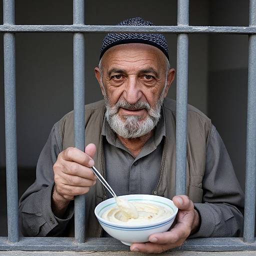 Photograph of an elderly Middle Eastern man with a white beard, wearing a black patterned cap and gray shirt, eating soup through metal bars.