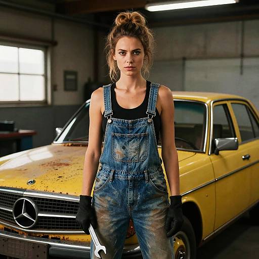 Photograph of a serious woman with light brown hair in a messy bun, wearing blue denim overalls, black tank top, and gloves, standing in