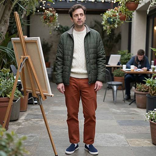 Photograph of a bearded man in a green puffer jacket, white sweater, and brown pants, standing near an easel in a potted