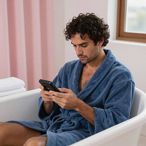 Man in Blue Bathrobe Using Smartphone in Bathtub