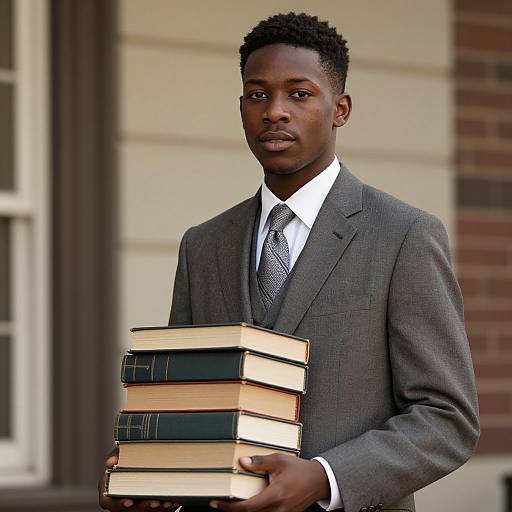 Photograph of a young Black man with short curly hair, wearing a gray suit, white shirt, and patterned tie, holding a stack of books