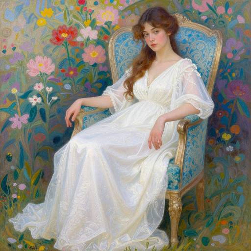 Photorealistic painting of a pensive young woman with long brown hair, in a white, lace-trimmed dress, seated in a blue floral