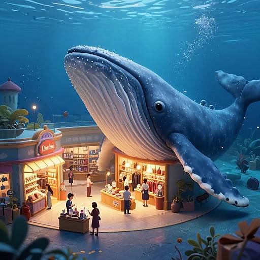 Digital art of a brightly lit underwater boutique with a massive whale outside, surrounded by plants, shoppers, and illuminated storefronts.