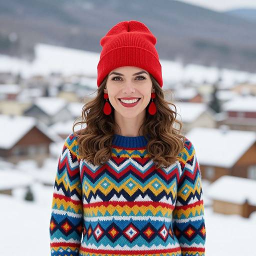Photograph of a smiling woman with wavy brown hair, wearing a red beanie, red earrings, and colorful zigzag patterned sweater, standing