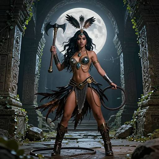 Digital artwork of a fierce, dark-haired warrior woman in tribal armor, holding a hammer and whip, standing in a moonlit, ancient ruin with vines