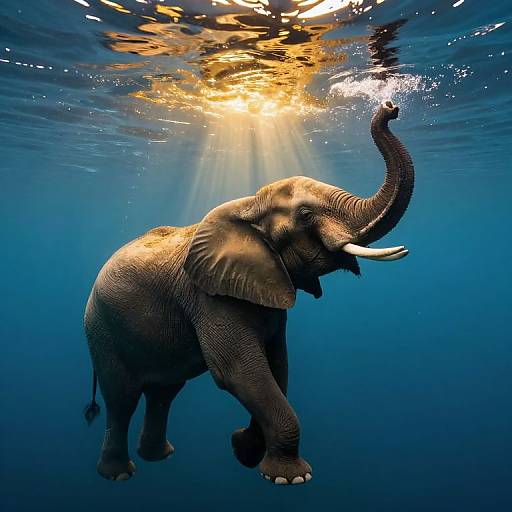 Photograph of a large, gray elephant underwater, raising its trunk towards sunlight filtering through the water, with blue hues surrounding it.