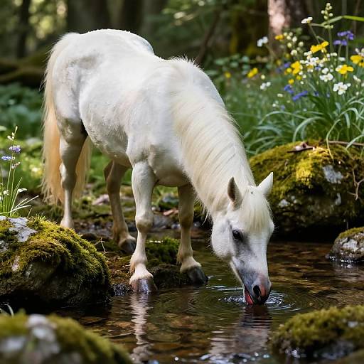 Photograph of a white horse with a long mane drinking from a mossy, rocky stream in a sunlit forest, surrounded by wildflowers and green