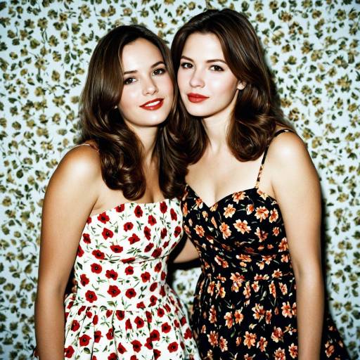 Two Women in Floral Dresses Against Floral Background