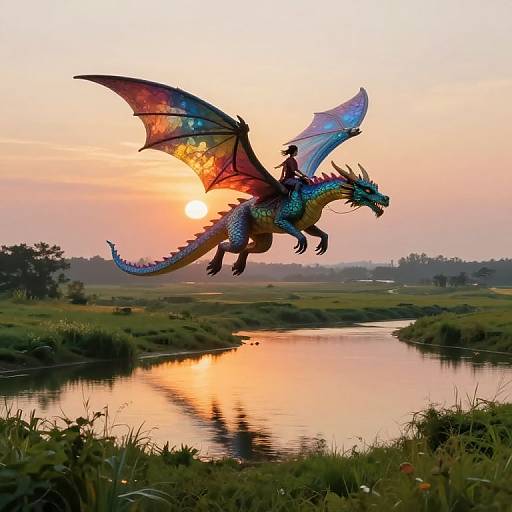 Digital artwork of a colorful dragon with iridescent wings flying over a serene river at sunset, carrying a rider in a grassy landscape.