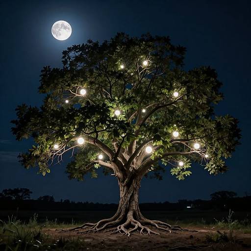 Photograph of a moonlit night with a tree illuminated by glowing fairy lights, branches spreading wide, and roots exposed on dark soil. Full moon in