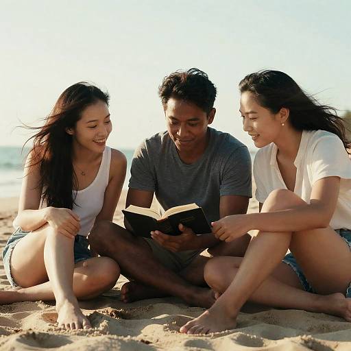 Photograph of three Asian friends sitting on a sunny beach, laughing and reading a book together, wearing casual summer clothes.