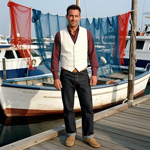 Photograph of a man with short brown hair, wearing a white vest, red patterned shirt, dark jeans, and tan shoes, standing on a
