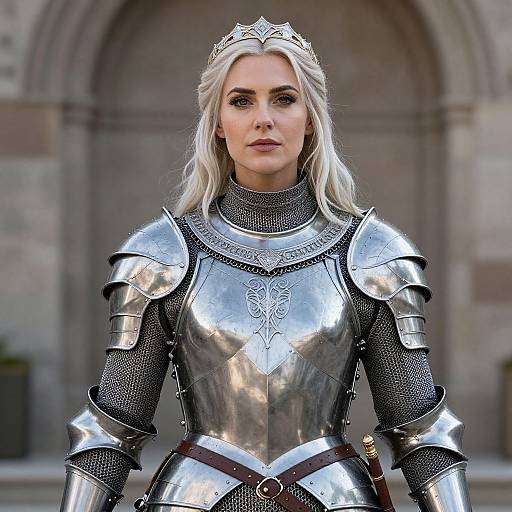 Photograph of a blonde woman in medieval silver armor with intricate engravings, wearing a crown, standing in front of a stone archway. Real