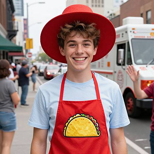 Photograph of a smiling young boy with curly brown hair, wearing a red hat, white t-shirt, and red apron with a pie graphic,