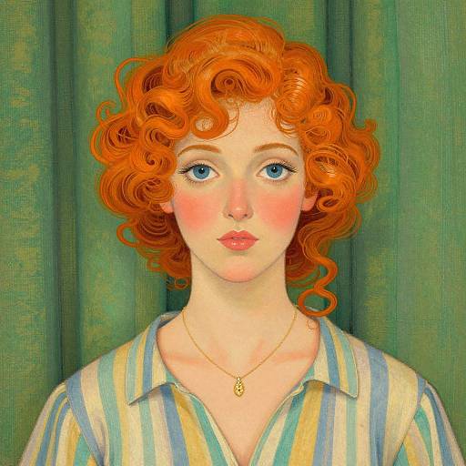 Digital painting of a fair-skinned woman with curly red hair, blue eyes, pink cheeks, wearing a striped shirt, gold necklace, against green curtains