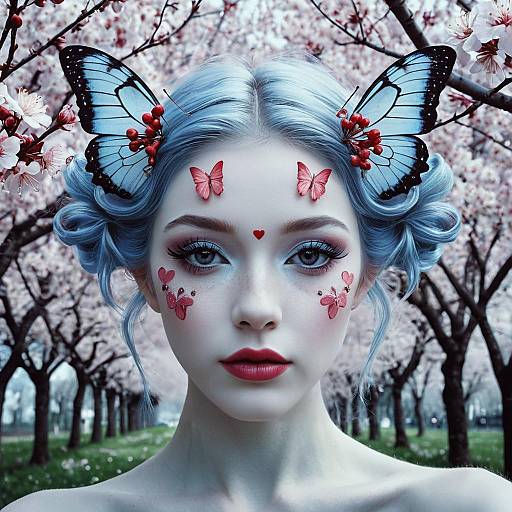 Ethereal Fairy with Butterfly Makeup in Cherry Blossom Forest